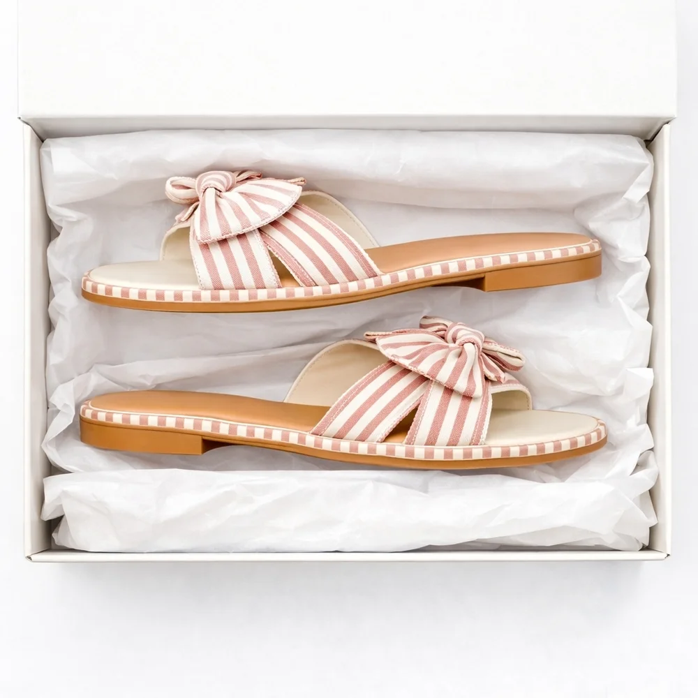 J.Crew 7M Sun baked rose stripe soft cotton bow slide sandals New In Box - Picture 9 of 12